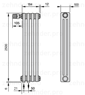 Схема (чертеж) Радиатор Zehnder Charleston 3250/4 №V001 Белый глянцевый RAL 9016
